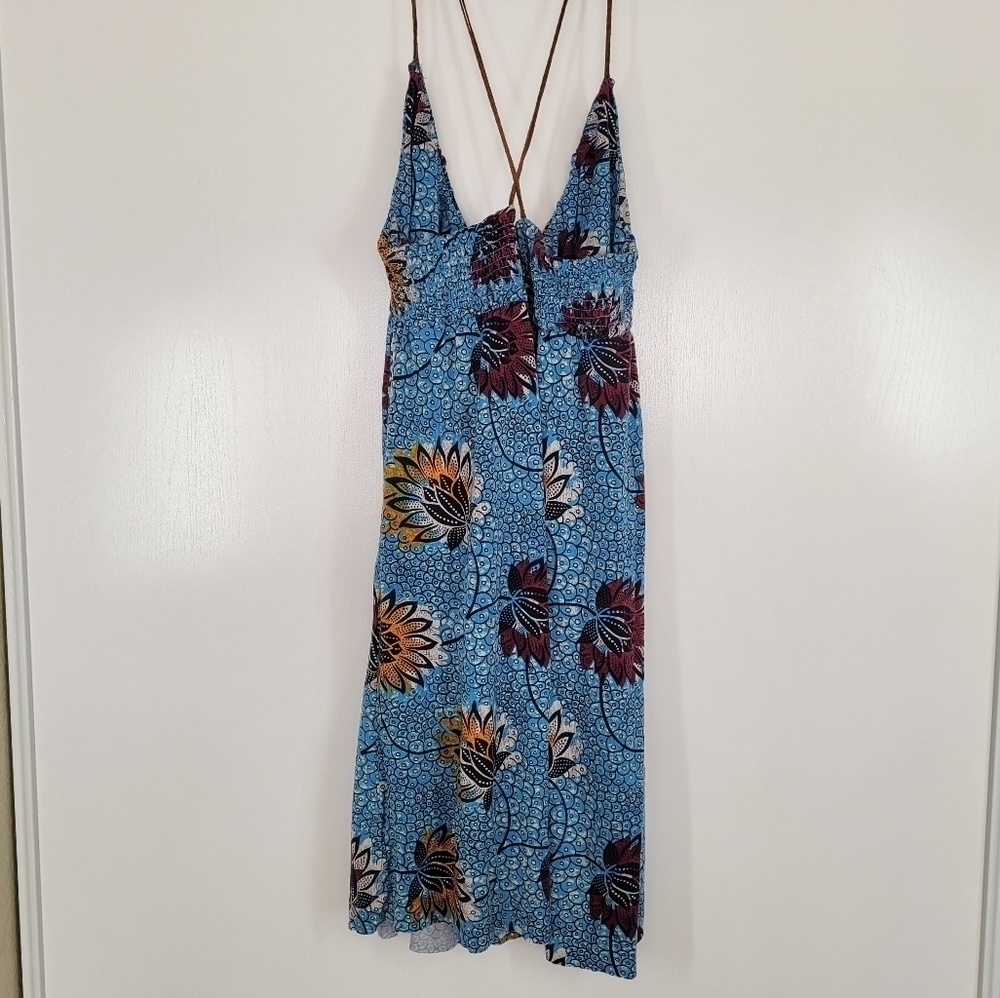 Rare Free People Lotus Print Blue Dress Large Floral Beach Boho Strappy Light - Picture 5 of 14
